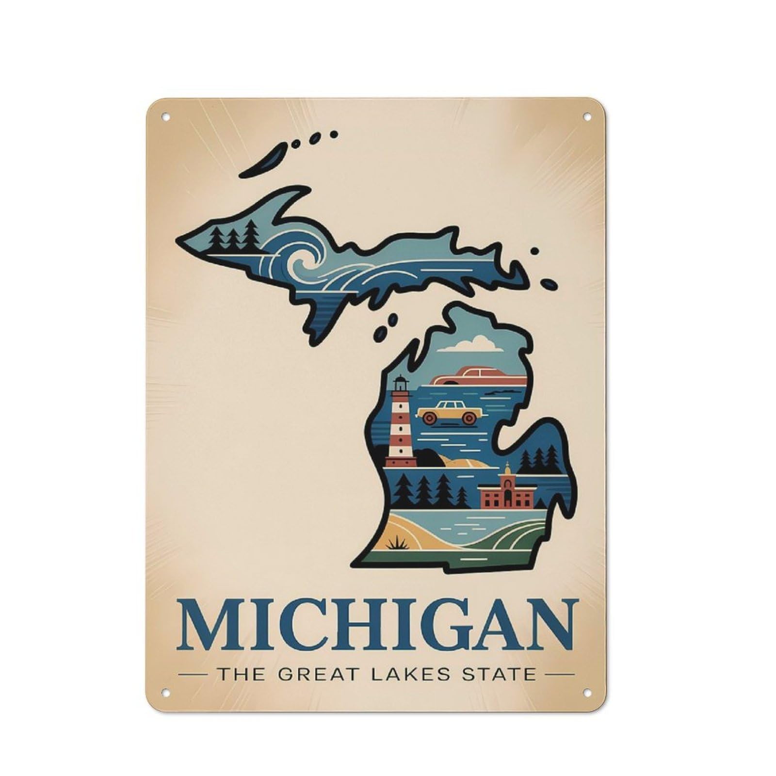 Junmoney Style-6 Michigan The Great Lakes State Illustration Vintage Metal Wall Sign 40X30cm For Kitchen Or Home Bar, For Garage, Workshop And Man Cave Decoration