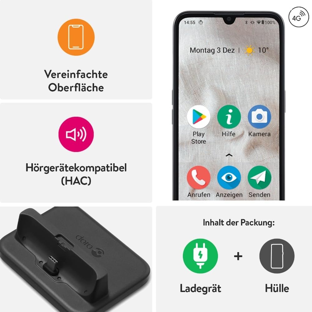 Doro 8100 Plus 4G Smartphone für Senioren - Entsperrt - Wasserdicht - mit Triple-Kamera - 6,1" Bildschirm - GPS - Gesichtserkennung - Ladestation und Hülle (Schwarz)