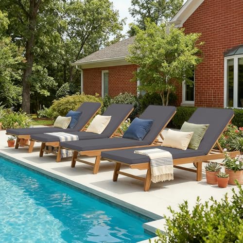 Image of Patiorama Patio Acacia Wood Chaise Lounge Chair of 4,Pool Chair, Dark Grey | Foldable Lounge Chair Recliner with Adjustable Backrest, Wheels,Padded Cushion Portable Sun Lounger for Pool, Deck, Lawn