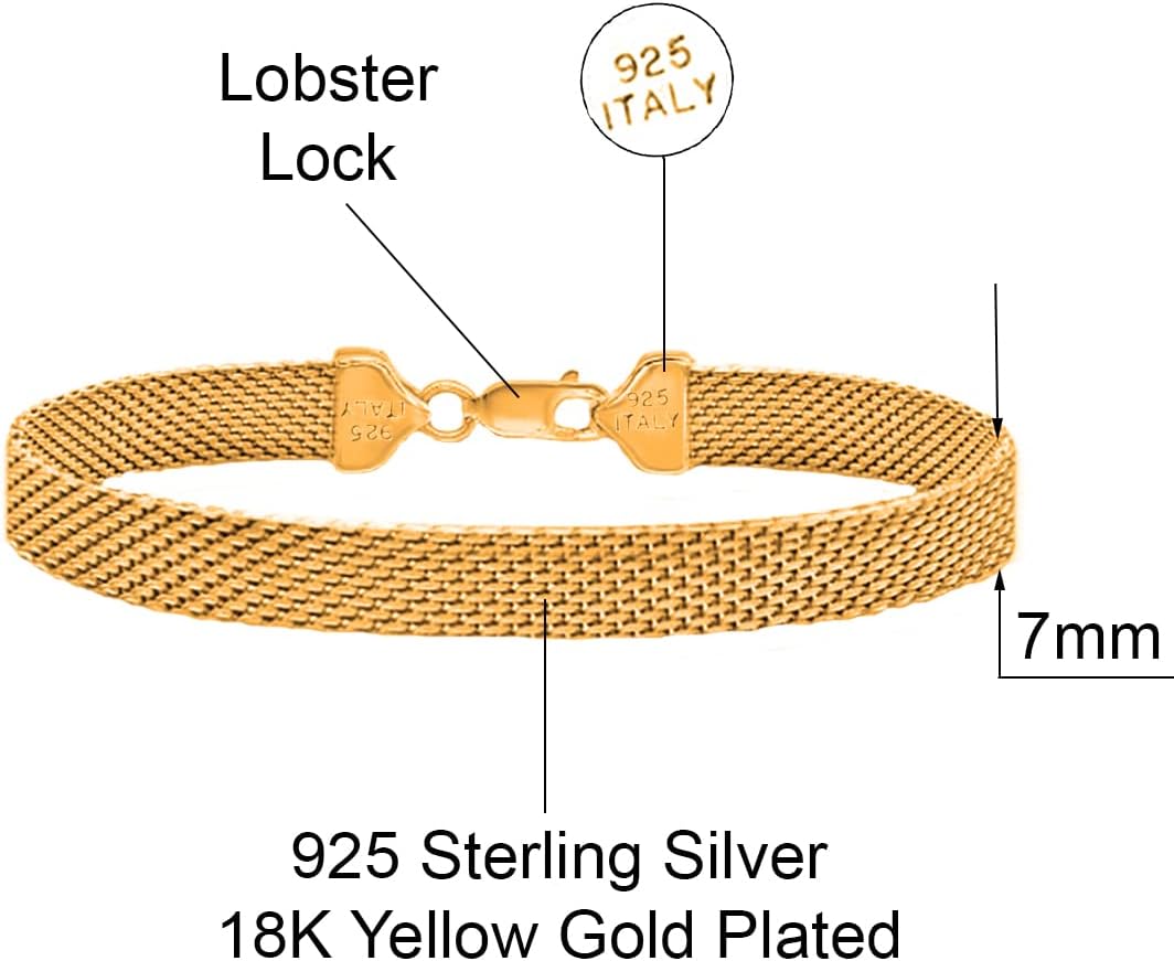Savlano 925 Sterling Silver 7MM Coreana Flat Mesh Chain Bracelet - 18K Gold Plated 7.5 Inch Mesh Bracelet for Women - Made in Italy Comes Gift Box - Image 2