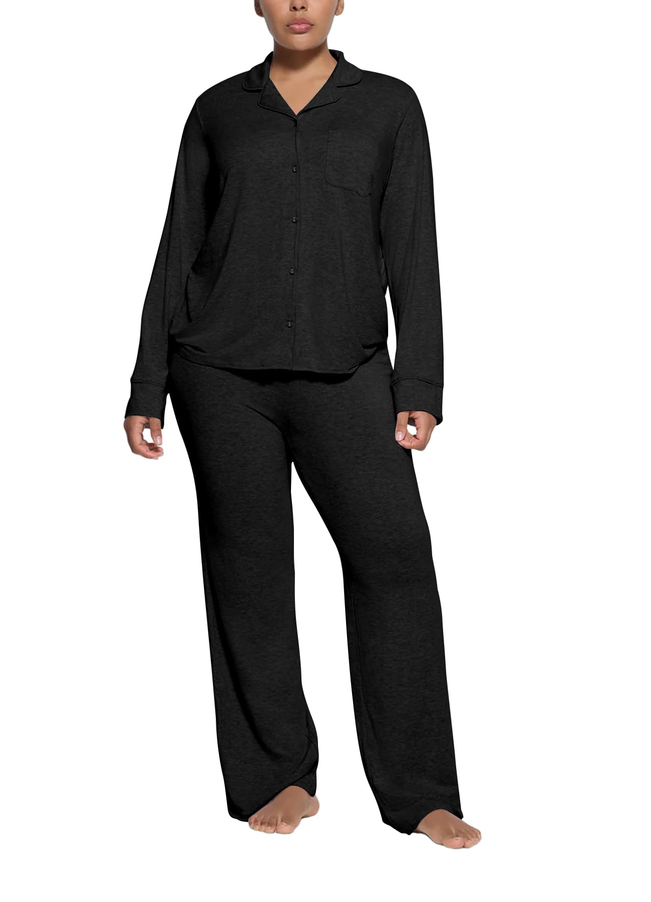 Womens Pajama Sets Long Sleeve Button Down Soft Knit Sleepwear 2 Piece Lounge Set