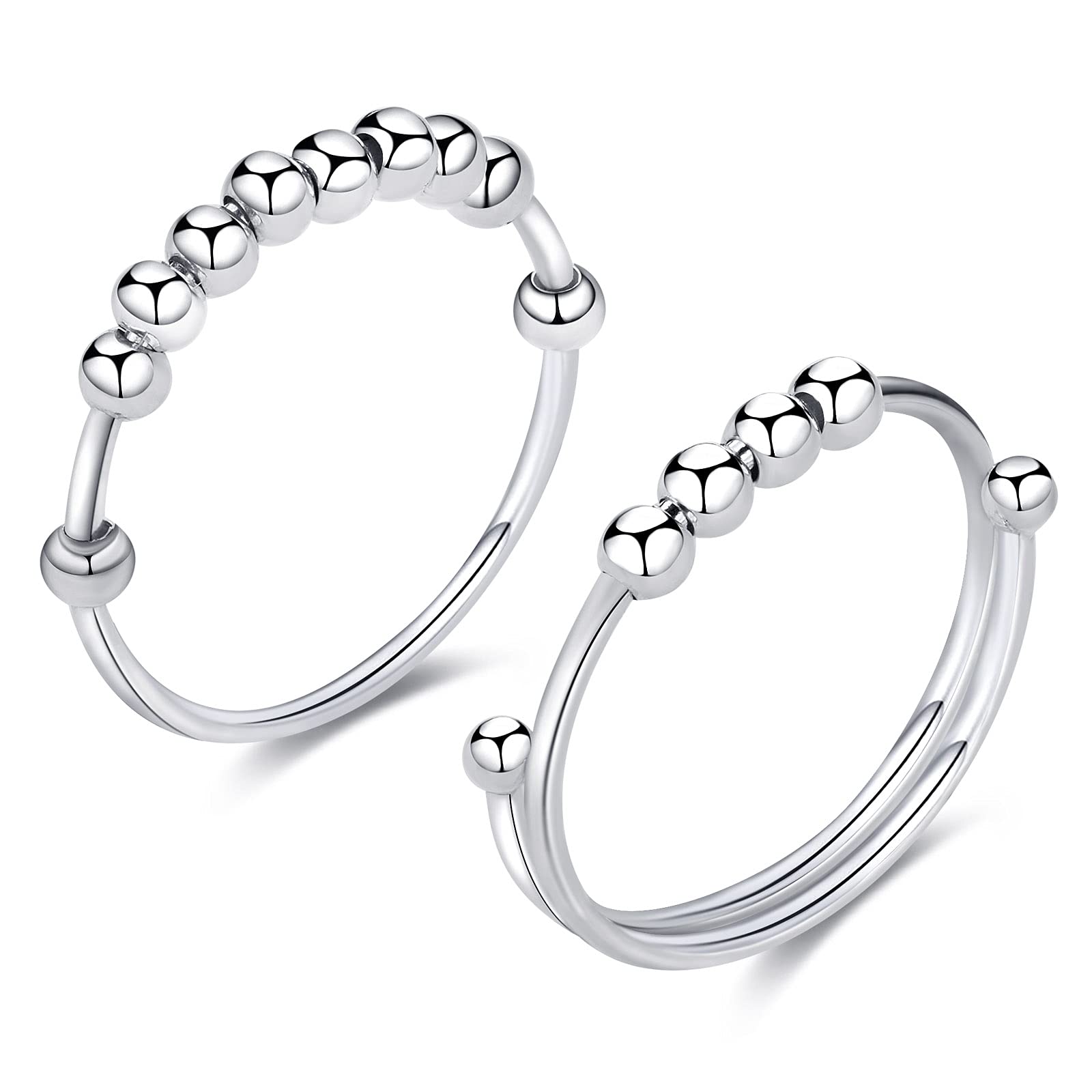LANE WOODS925 Sterling Silver Anxiety Ring: Fidget Spinner Anti Anxiety Beaded Trendy Cute Adjustable Size Aesthetic Ring for Women (2 Pack)