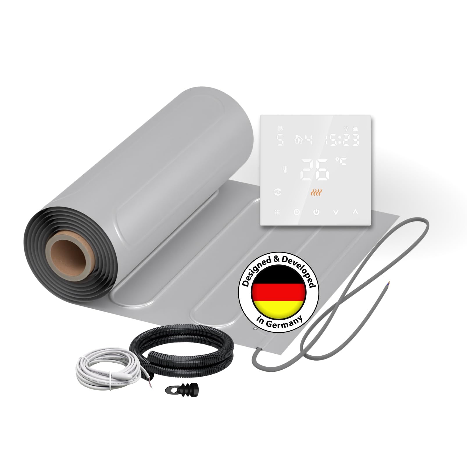 Elektryczne ogrzewanie podłogowe do laminatu: mata grzewcza WARMON ALU 150 W/m², w zestawie termostat Smart WiFi Series TS 300, termostat: TS 300 WiFi, biały, rozmiar maty: 12 m² – 2 szt. (7 + 5 m²)