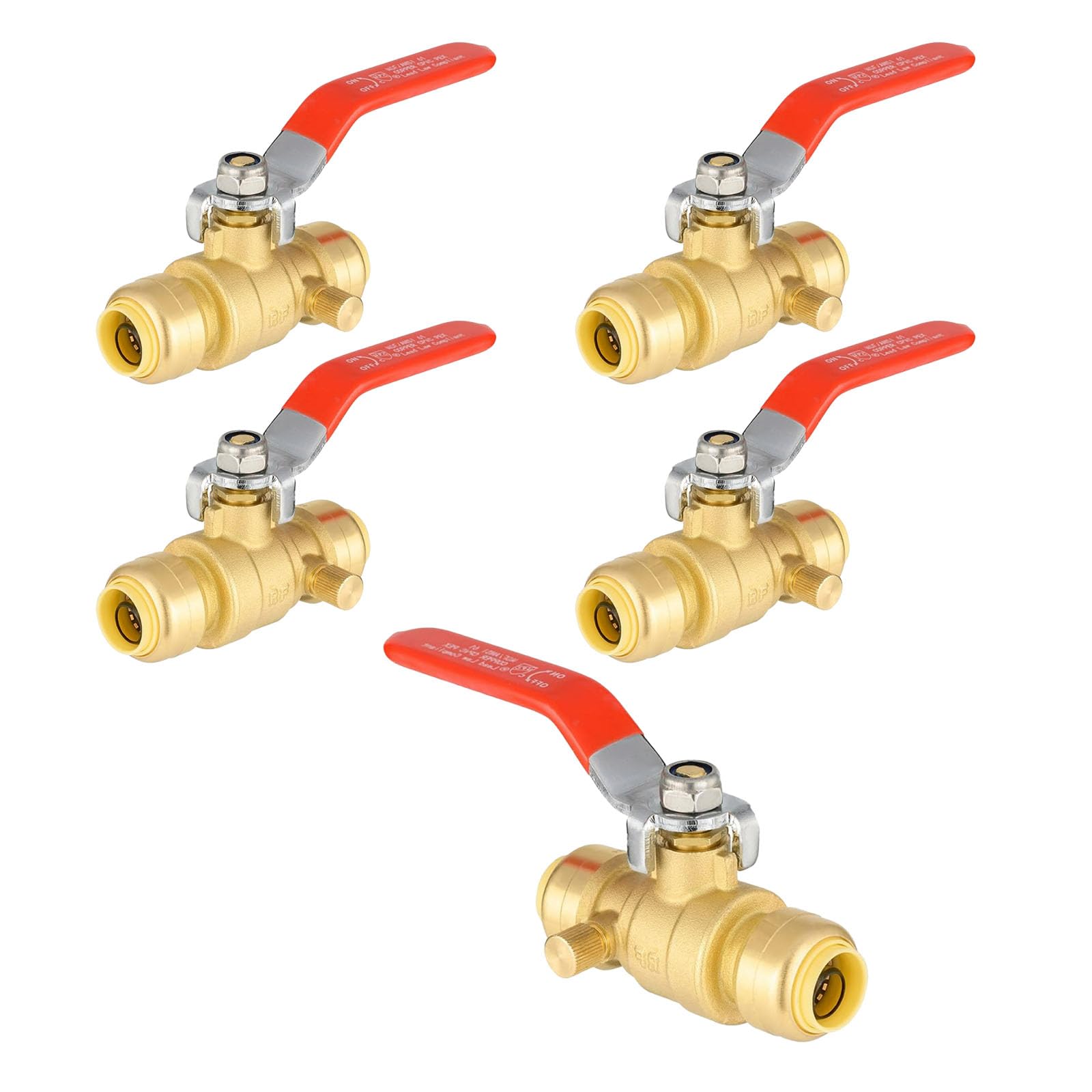 5-Pack 1/2 Inch Push Fit Ball Valves With Drain - Lead-Free Brass PEX Fitting For Copper CPVC Pipes