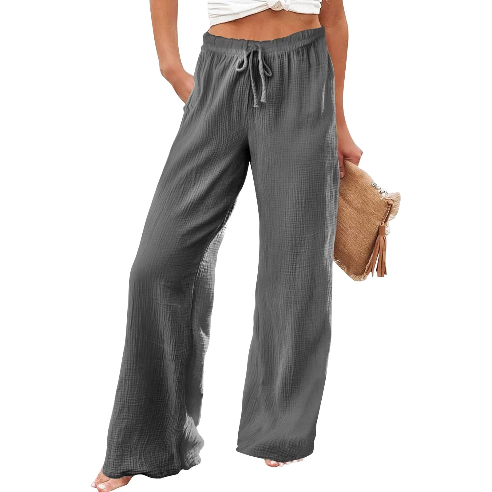 eoeioa Hose mit weitem Bein für Damen, elegante Knopfleiste, hohe Taille, Business-Hose, Sommer, Freizeit, Arbeit, Strand, Hose mit Tasche