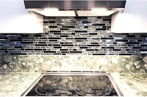 Miniatura 6 de Blujellyfish Azulejos de metal de vidrio, mosaico de seda, cristal negro, cromado, plateado, borde de pared, cocina, baño, azulejos TSTNB12 (5 pies