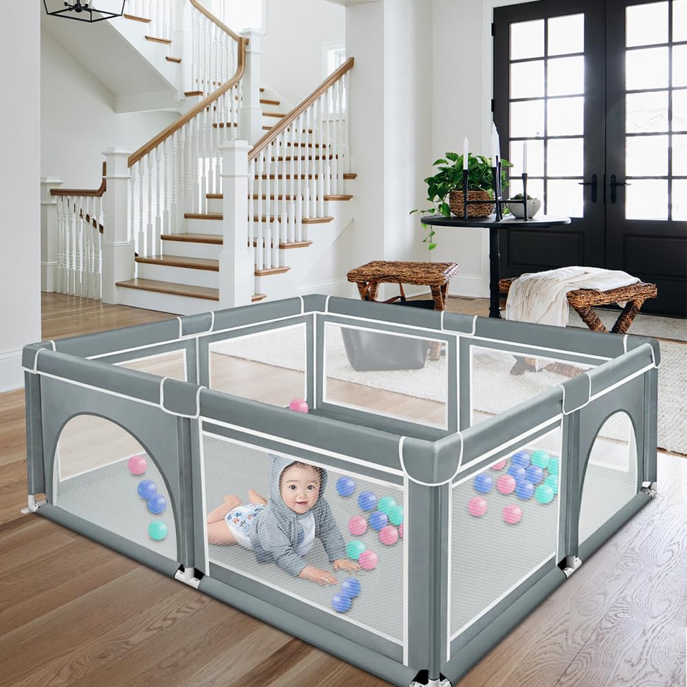 Homewell Parco per bambini sicuro, 180 x 150 cm, area giochi mit 2 accesso laterale con cerniera, barriera per bambini, borsa per il trasporto (grigio scuro)