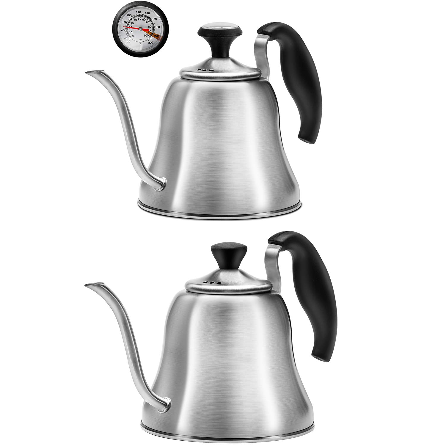 ChefbarGooseneck Kettle Bundle: Brushed Silver Stovetop Kettle and Brushed Silver Stovetop Kettle with Thermometer