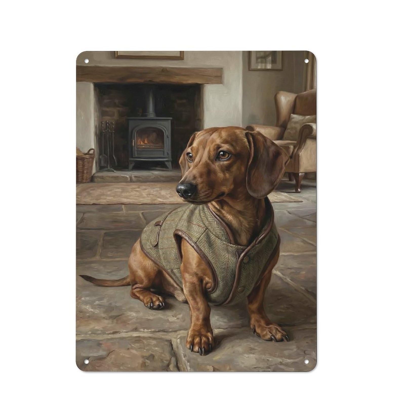 Junmoney Style-2 Rustic Tin Sign 40X30cm Featuring Dachshund In Tweed Vest By Fireplace For Garage Or Workshop, For Garage, Workshop And Man Cave Decoration