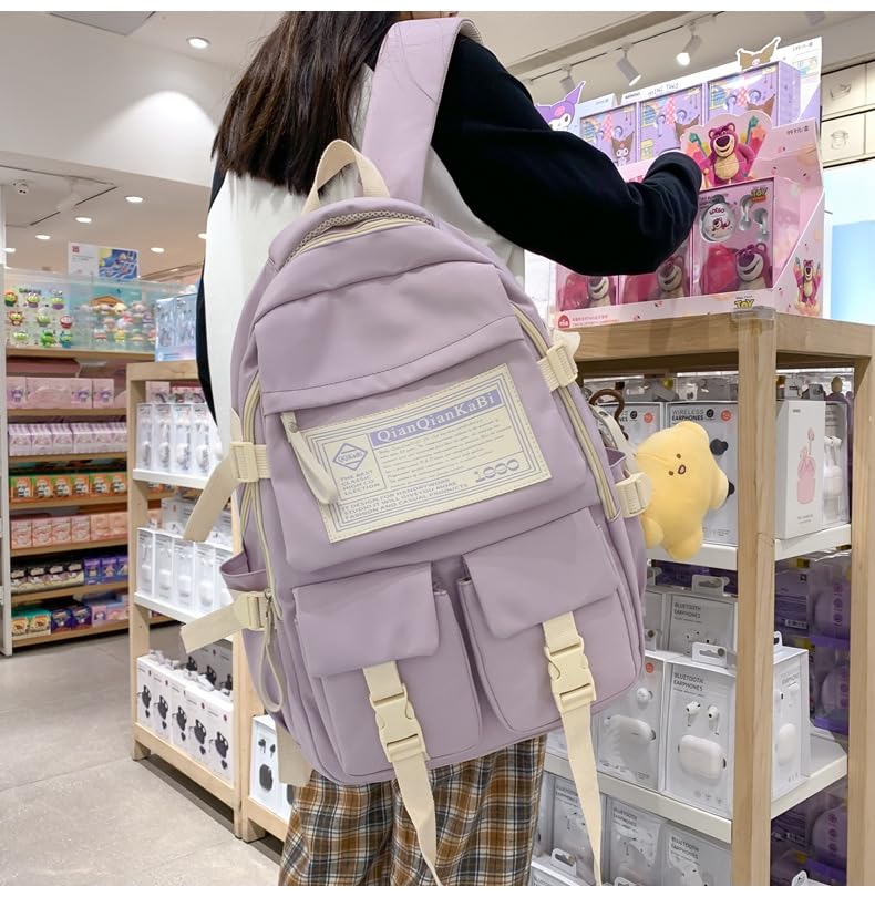 Large Preppy Backpack with Cute Pendant Korean Aesthetic College Backpack Kawaii Japanese Light Academia Laptop Bag (Purple,One Size)3