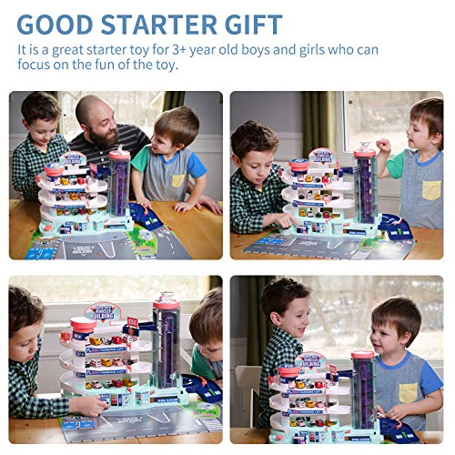 Car Parking Garage Toys, Garage Building Toy Set with Sound and Light, Car Track Parking Playsets with Ramp Elevator, for 3 4 5 6 Years Old Toddlers Kids Boys and Girls, 4 Small Cars 1 Plane