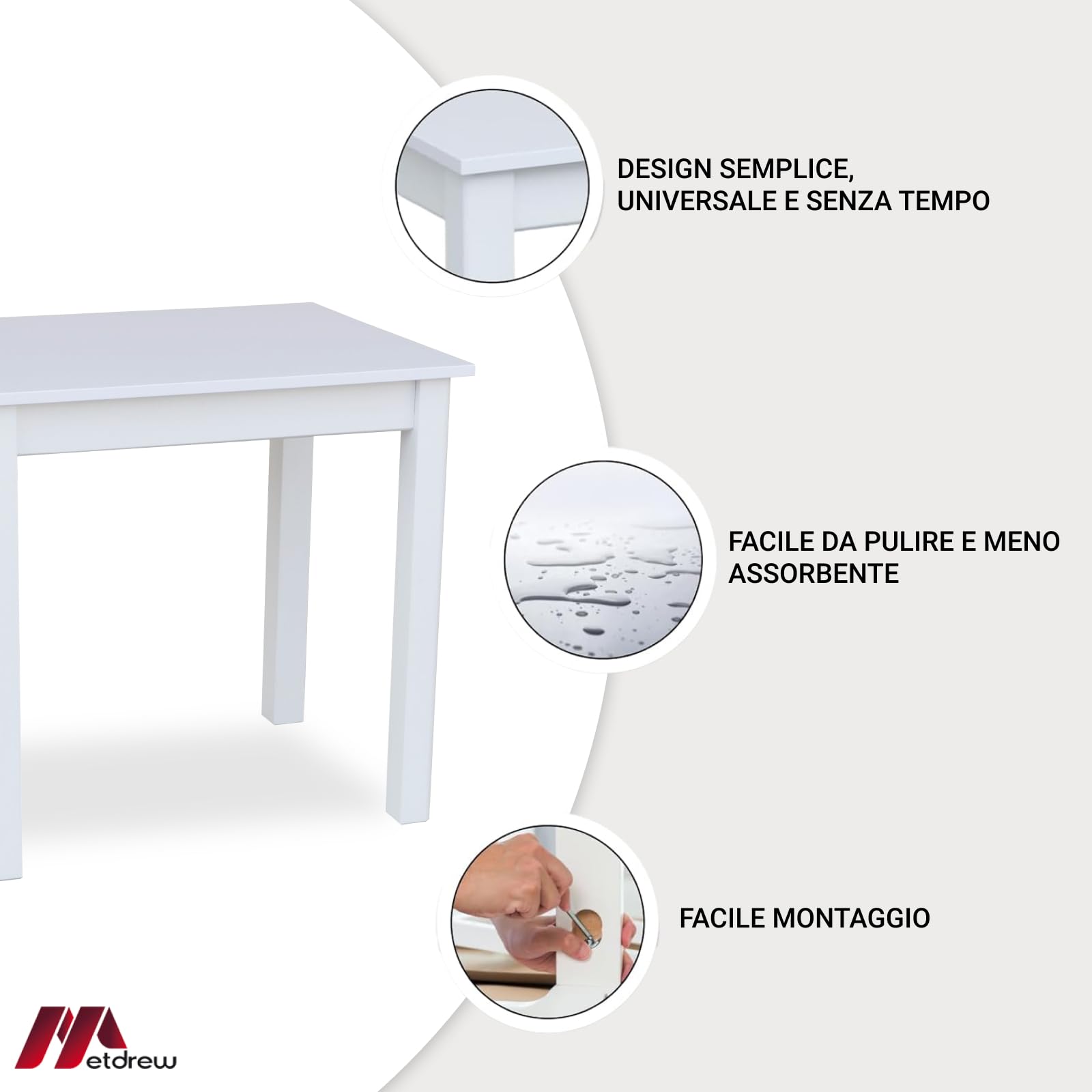 Tavolo da Pranzo in Legno 90x60 cm per 2 Persone - Tavolo Cucina Piccolo Stile Scandinavo - Pino - Piano Bianco