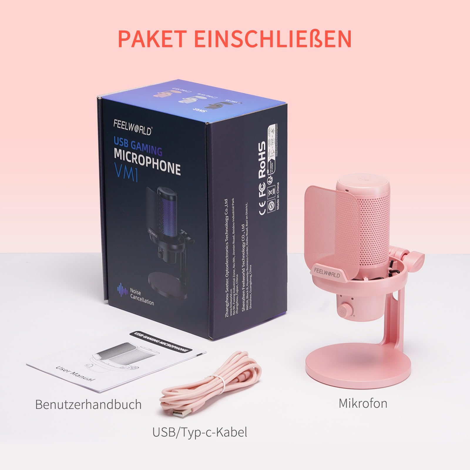 FEELWORLD VM1 USB-Gaming-Mikrofon für die Aufnahme von Podcasts,Pink Formfaktor,Studio PC Mikrofon mit Stummschaltung,Rauschunterdrückung,RGB-Licht,Anti-Spray-Mesh, Desktop-Ständer