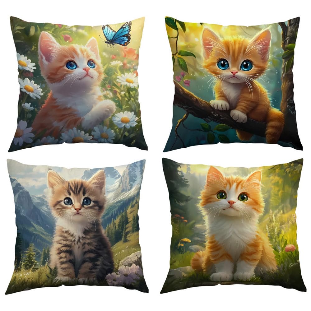 Cushion Covers 45X45 Set Of 4 Cat Cotton Linen Decorative Pillowcases With Invisible Zipper, Square Throw Pillow Covers For Sofa, Couch, Bedroom Or Outdoor Use,18X18 Inch Set Of 4