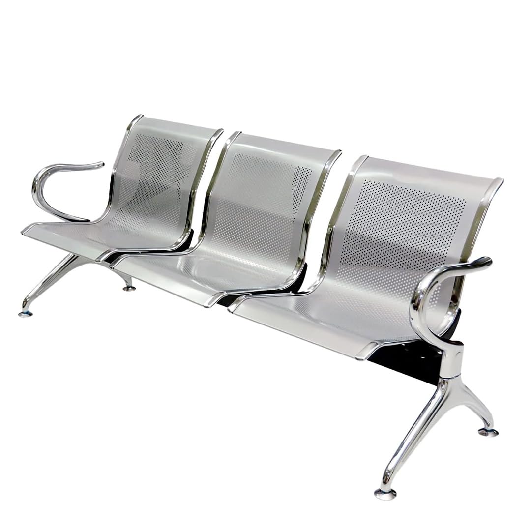 3 Silver Seater Metal Airport Chair with Chrome Curved Armrests | Public Waiting Chair for Office, Hospital, Reception, School & Home Office | Durable Steel Visitor Bench Seating