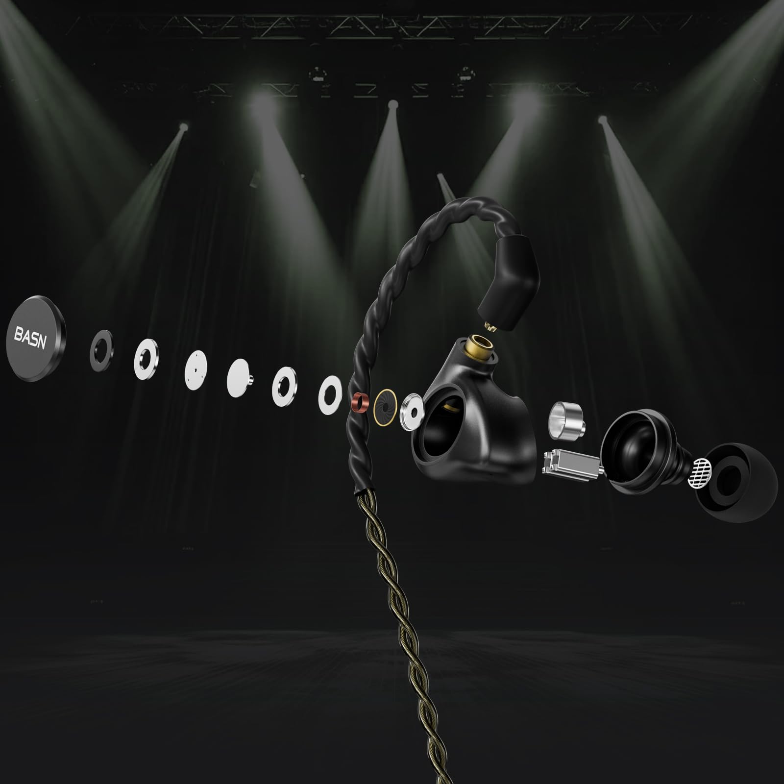 BASN Metalen 4 Treiber In-Ear-Monitor-Kopfhörer, geräuschisolierende IEMs mit tiefem Bass, für Musiker, Sänger, Schlagzeuger, Bassisten (schwarz)
