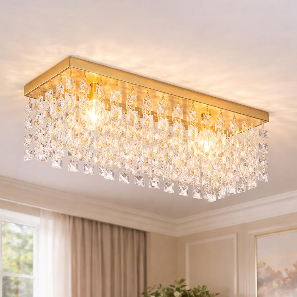 Rectangular K9 Crystal Chandelier Jhoomar, Gold Flush Mount Ceiling Light, 16x6x8 Inch, for Living Room, Hall, Bedroom, Modern Style, with 2 Free Tri-Colour LED Bulbs-image-7