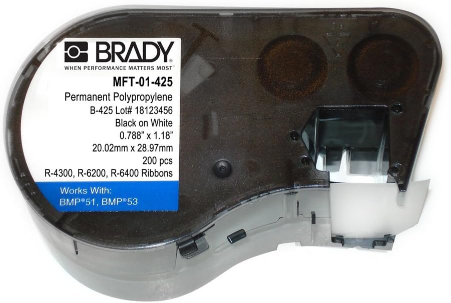 MFT-01-425 Polypropylene B-425 Black on White Label Maker Cartridge, 1-11/64" Width x 25/32" Height, For BMP51/BMP53 Printers