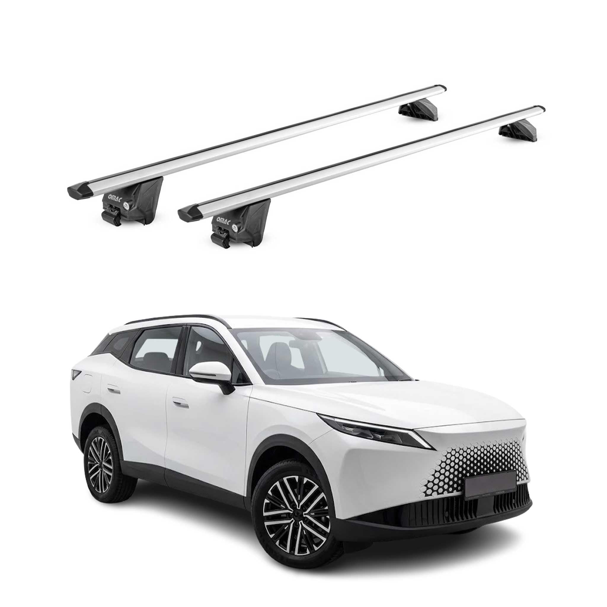 OMAC Barras portaequipajes de aluminio homologadas por TÜV para Omoda 7 2025-2026 – para rieles de techo integrados – ranura T – Max 100 kg – 2 cerraduras plateadas