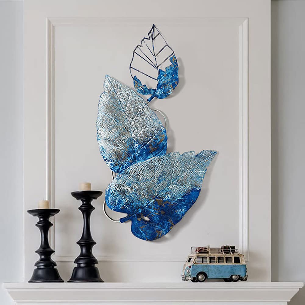 JOZZY Decoración de Pared,Decoración de Arte de Pared de Hojas Azules de Metal, Escultura de Pared 3D, tapices Decorativos para Sala de Estar, Dormitorio, baño, Cocina, casa de Campo, Oficina, 55