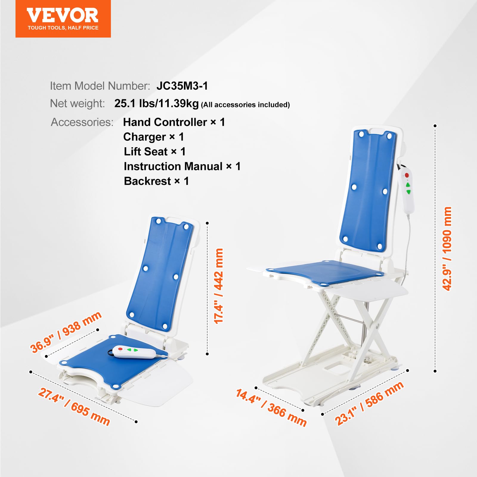 VEVOR Elevador de Silla Eléctrico para Levantar a Personas Mayores del Piso, Altura Ajustable de 77-507 mm, Soporte de Hasta 140,6 kg, 45° para Una Inclinación Cómoda, para Personas Mayores, Pacientes
