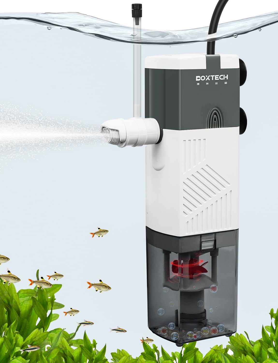 boxtech Filtro de acuario interno de 10 W, 4 en 1, bomba de potencia ultra silenciosa, filtro de esponja ajustable, caudal 600L/H, adecuado para 100-250 litros
