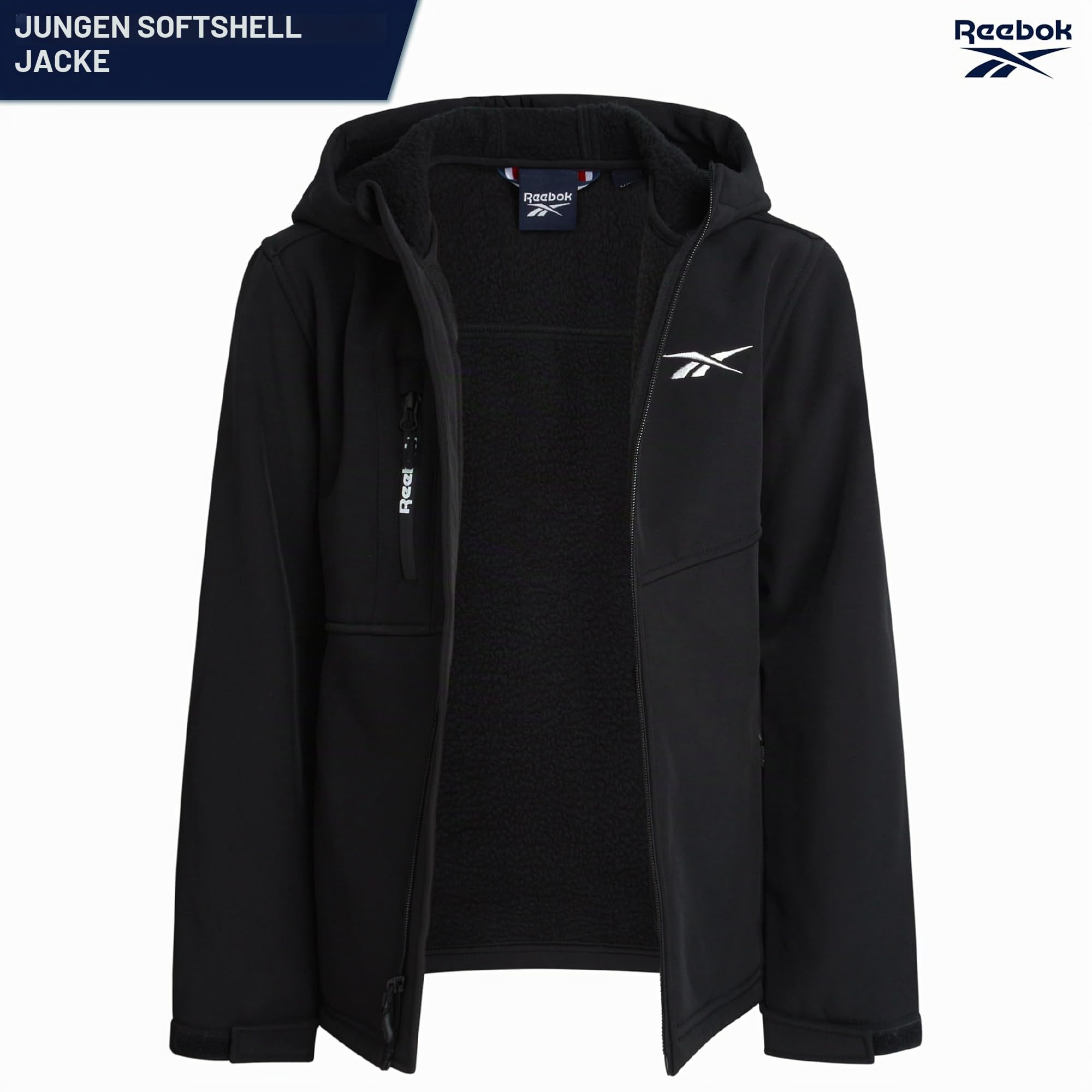 Reebok Softshell-Jacke für Jungen – weich, gemütlich, gebürstetes Sherpa-Fleece gefüttert, Softshell-Wintermantel, mit Kapuze, Windbreaker-Jacke für Jungen