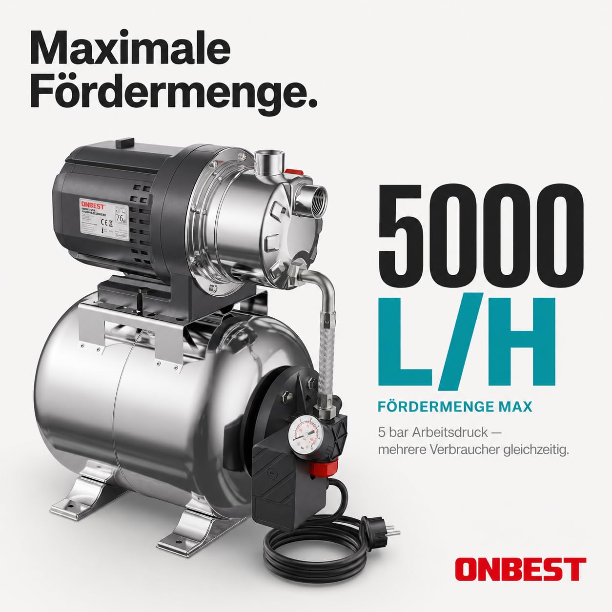 ONBEST Hauswasserwerk 1300 W 50 m Förderhöhe 20 L Kessel | Edelstahldruckkessel, 230 V-Anschluss, wartungsfreier Motor, Pumpe für Garten und Haushalt