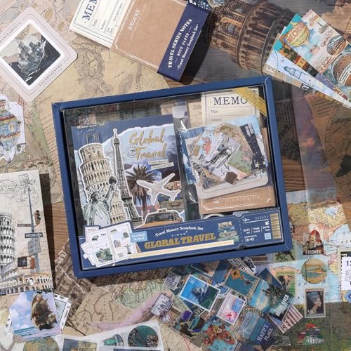 Image of VIBE VISTA Vintage Aesthetic Scrapbook Kit, 346 Pcs, A6 Grid Notebook, Washi, Envelopes, Scrapbook Papers, Folding Labels, Background Papers, Photo Frames, Calendar Stickers, Stickers (Global Travel)