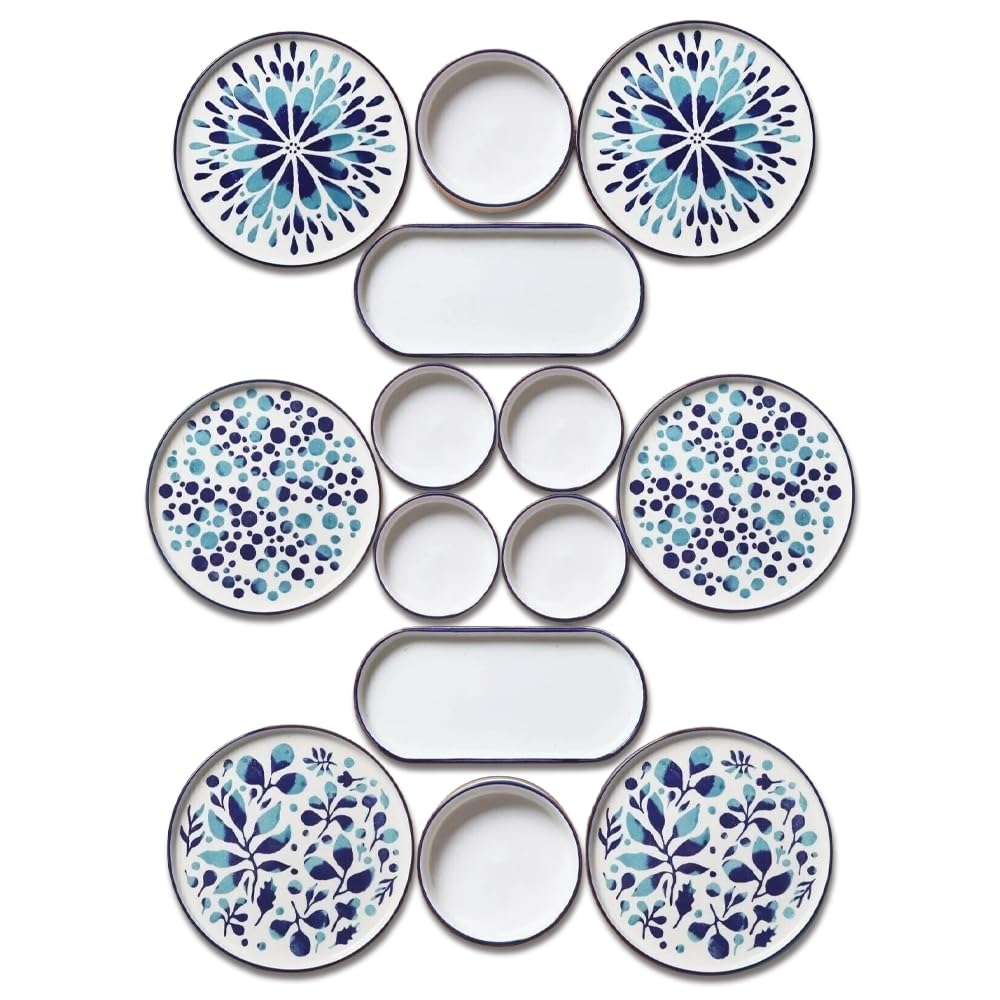 14-częściowy zestaw śniadaniowy dla 6 osób – seria Stackable Blue Ethnic z ceramiki Kütahya – ręcznie wykonany, trwały i można układać w stos – nadaje się do mycia w zmywarce i wysokiej