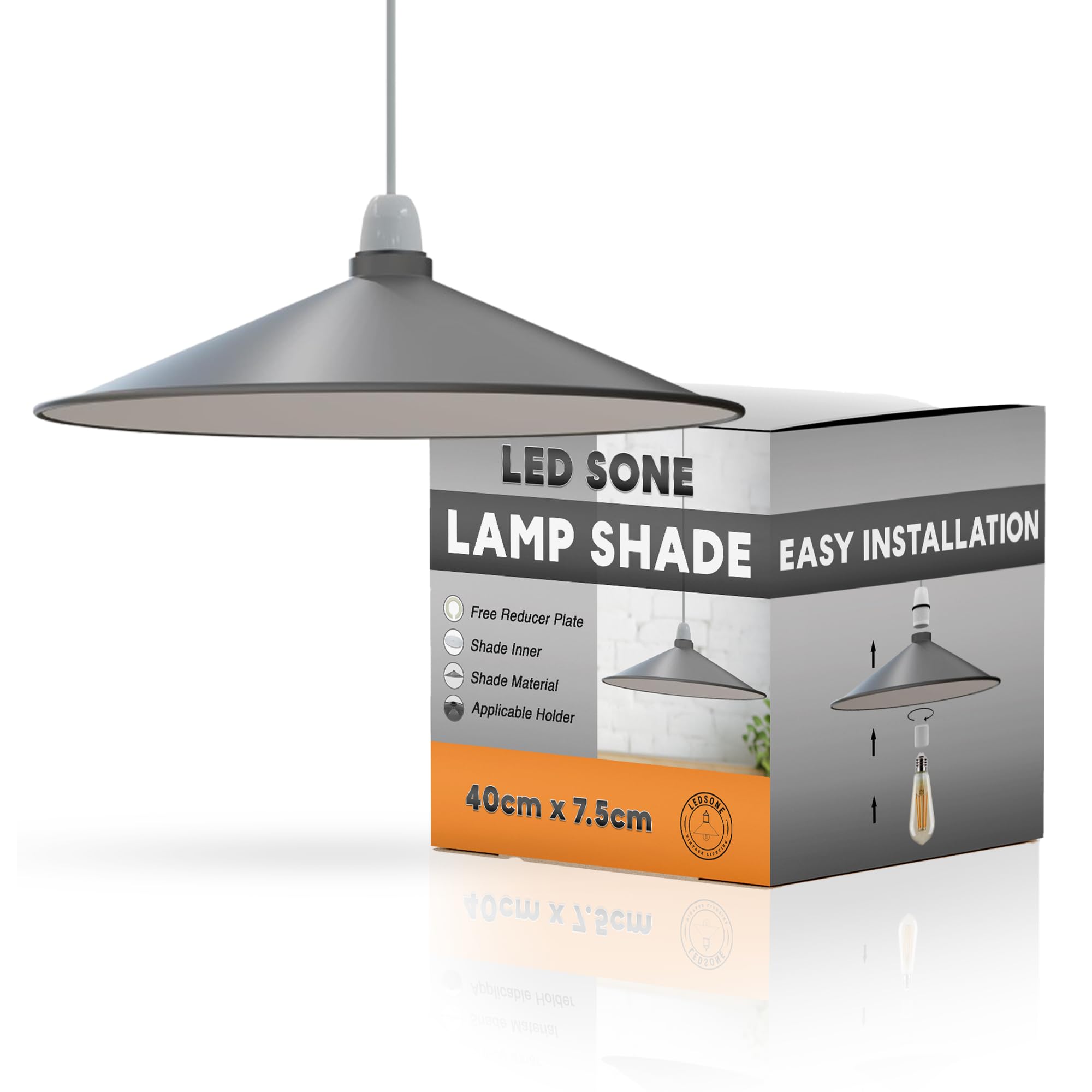 Retro Grey Light Shade Ceiling, 40cm Disc Metal Lampshades for Ceiling Lights, Industrial Easy Fit Pendant Lamp Shades for Table Lamps, Living Room, Bedroom, Kitchen, Hallway, Home Décor