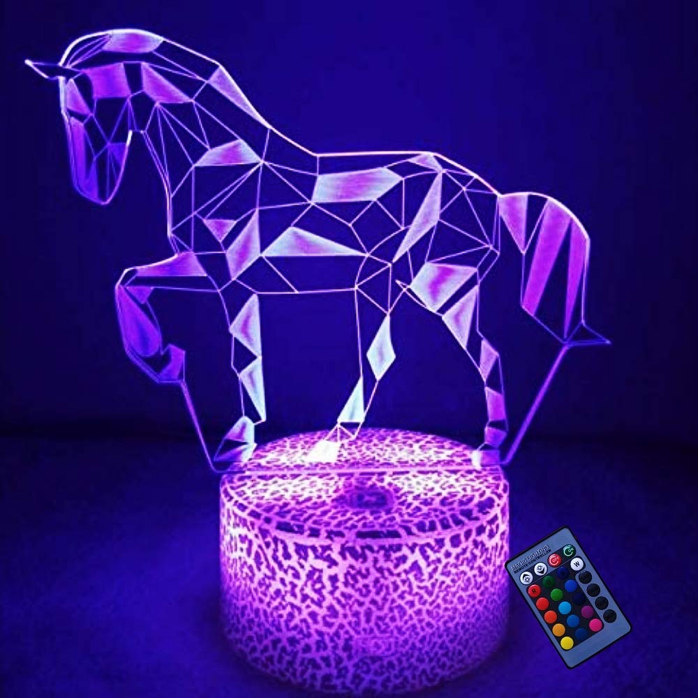 Jinson well Lampada da cavallo 3D Illusione ottica a LED luce notturna, 7 colori che cambiano il colore Touch Switch tavolo decorazione lampade con acrilico piatto ABS cavo USB giocattolo