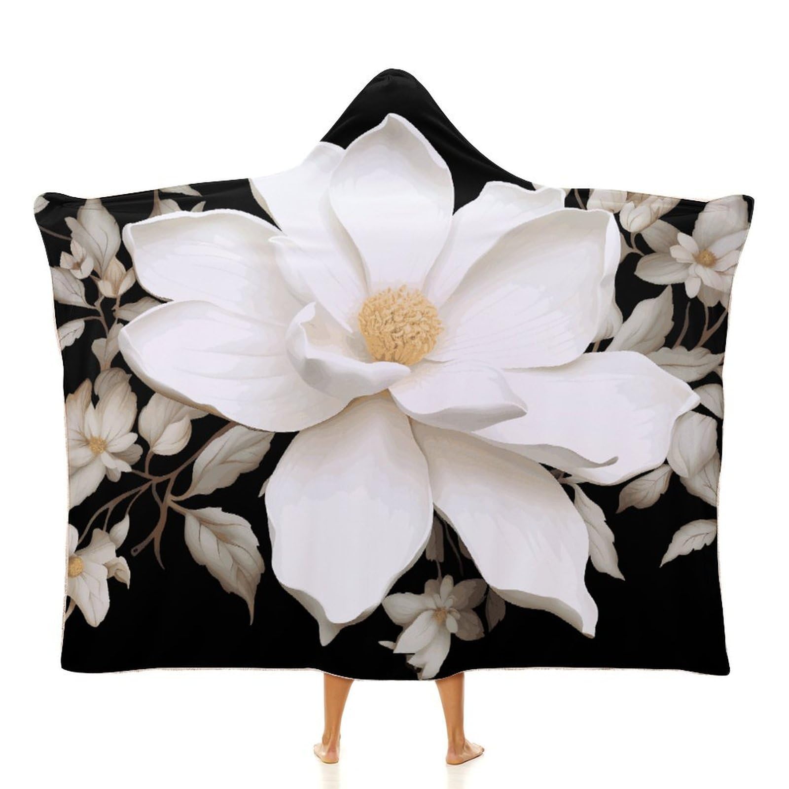 LDGSUPH White Floral Hooded Blanket Soft Wearable Blankets Cozy Hoodie Throw Cloak Wrap Poncho Cape Blanket 40"x50"