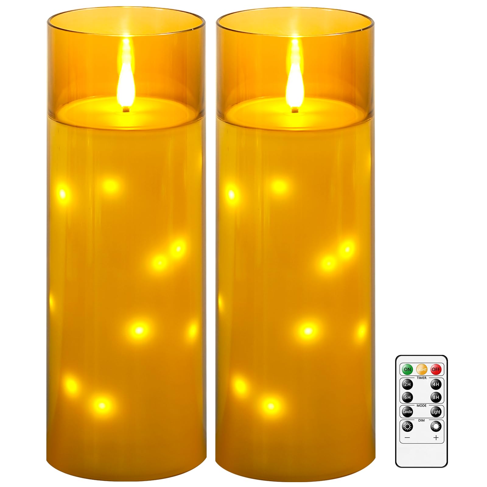 kakoya 11" x 4" Large Outdoor Waterproof Flameless LED Candles with Remote and Timer,Acrylic Pillar Candles Battery Operated with Embedded Star String for Porch,Patio,Outdoor Decor,Set of 2(Gold)