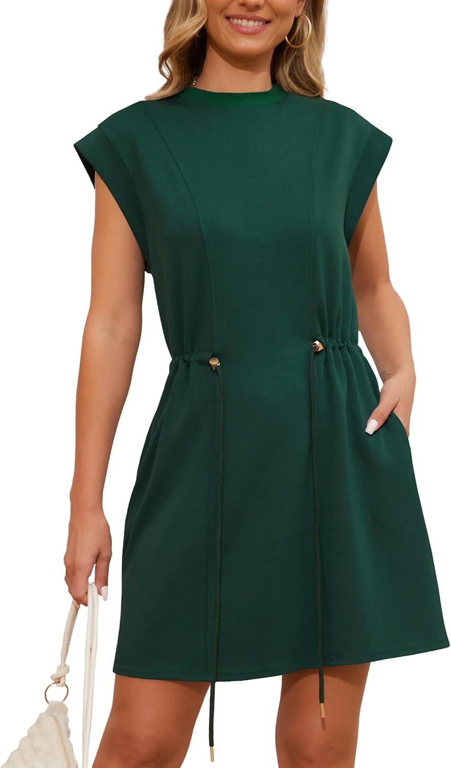Womens Summer Dresses Cap Sleeve Crew Neck Casual Loose T Shirt Dress Drawstring Waist Dress with Pockets
