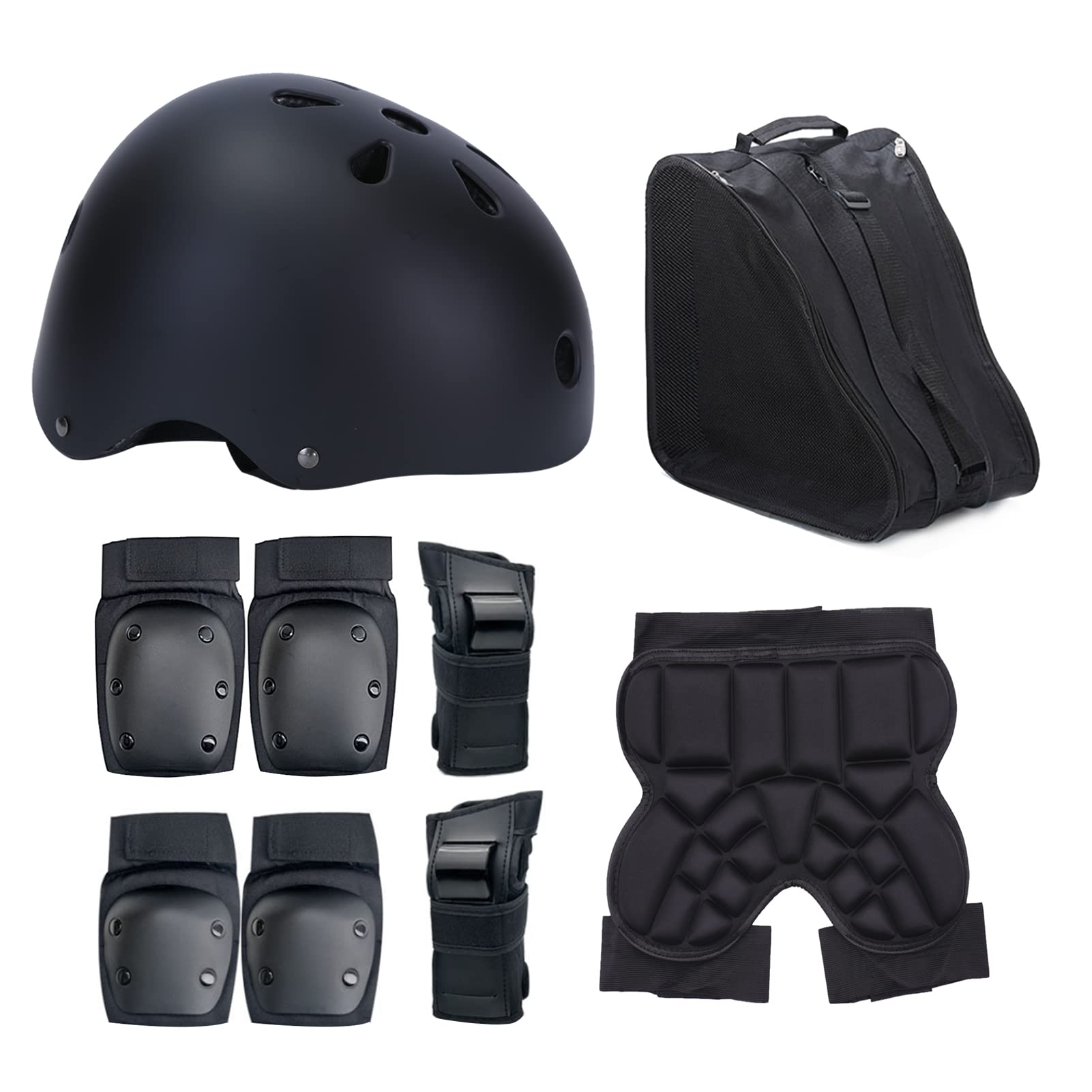 Beauenty Protective Gear Set, Kids Helmet with Knee Pads, Elbow Pads, Hip Protector and Carry Bag for Boys Skate Board Roller Skating Scooter Bicycling(Black)