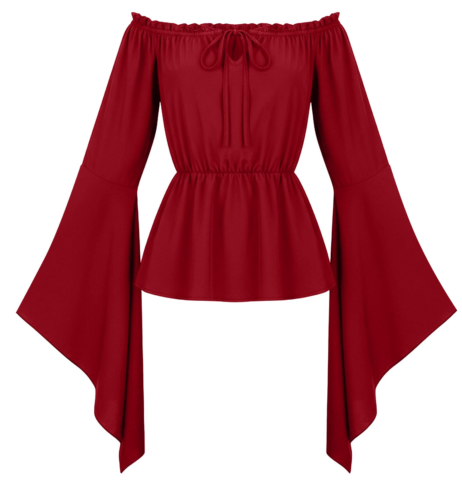 Maeau Women Renaissance Tops Steampunk Blouse Victorian Shirt Off Shoulder Bell Long Sleeve Red S