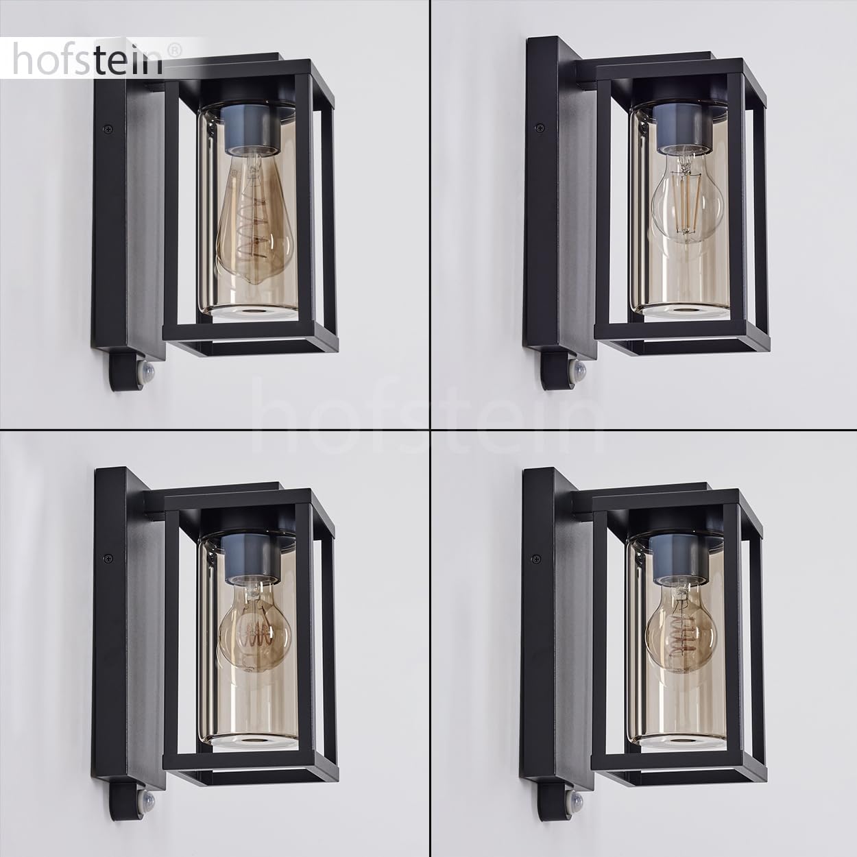HOFSTEIN Außenwandleuchte Portalis, Außenwandlampe m. Bewegungsmelder aus Metall/Glas in Schwarz/Rauchfarben, Wechselglas Klar, Wandleuchte im Industrial-Stil, E27, IP44, Eingangsbereich, Haustür