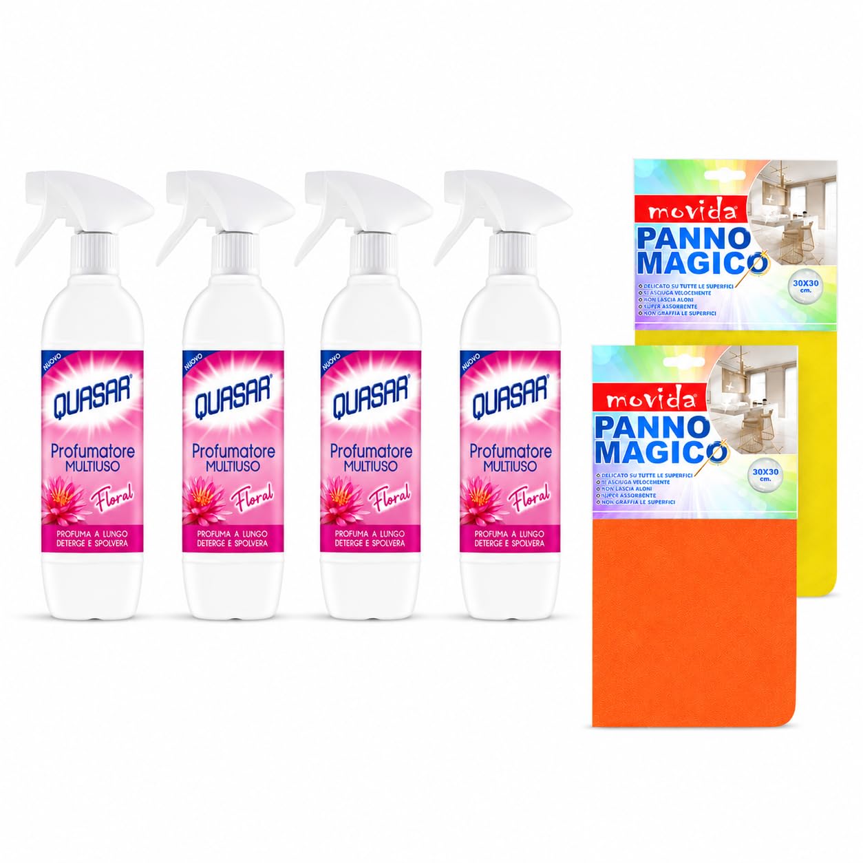 Movida Multicolor Floral Profumatore Multiuso 4 x 500 ml con 2 Panni Magici – Kit Professionale Pulizia Casa e Superfici Profumo Floreale Intenso e Superfici Sempre Brillanti
