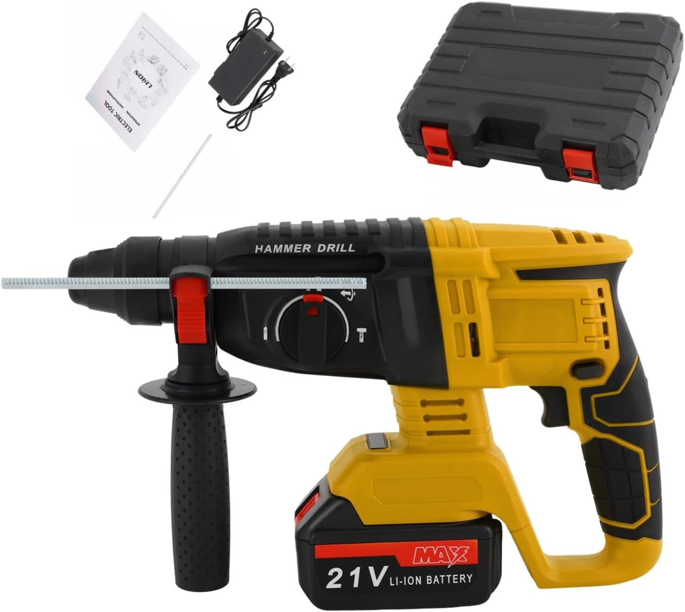 Cordless Rotary Hammer Drill Rotary Hammer Drill with 5 Application Modes, Brushless for Concrete Home Use and Professional Construction Work US Standard Plus with Charger& Carrying Box (Yellow)