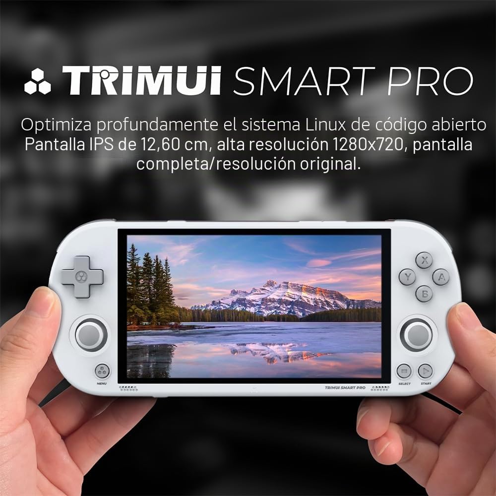 Trimui Smart Pro - Consola de juegos portátil con pantalla de 4.96 pulgadas, sistema Linux, tarjeta TF de 64G integrada, color blanco