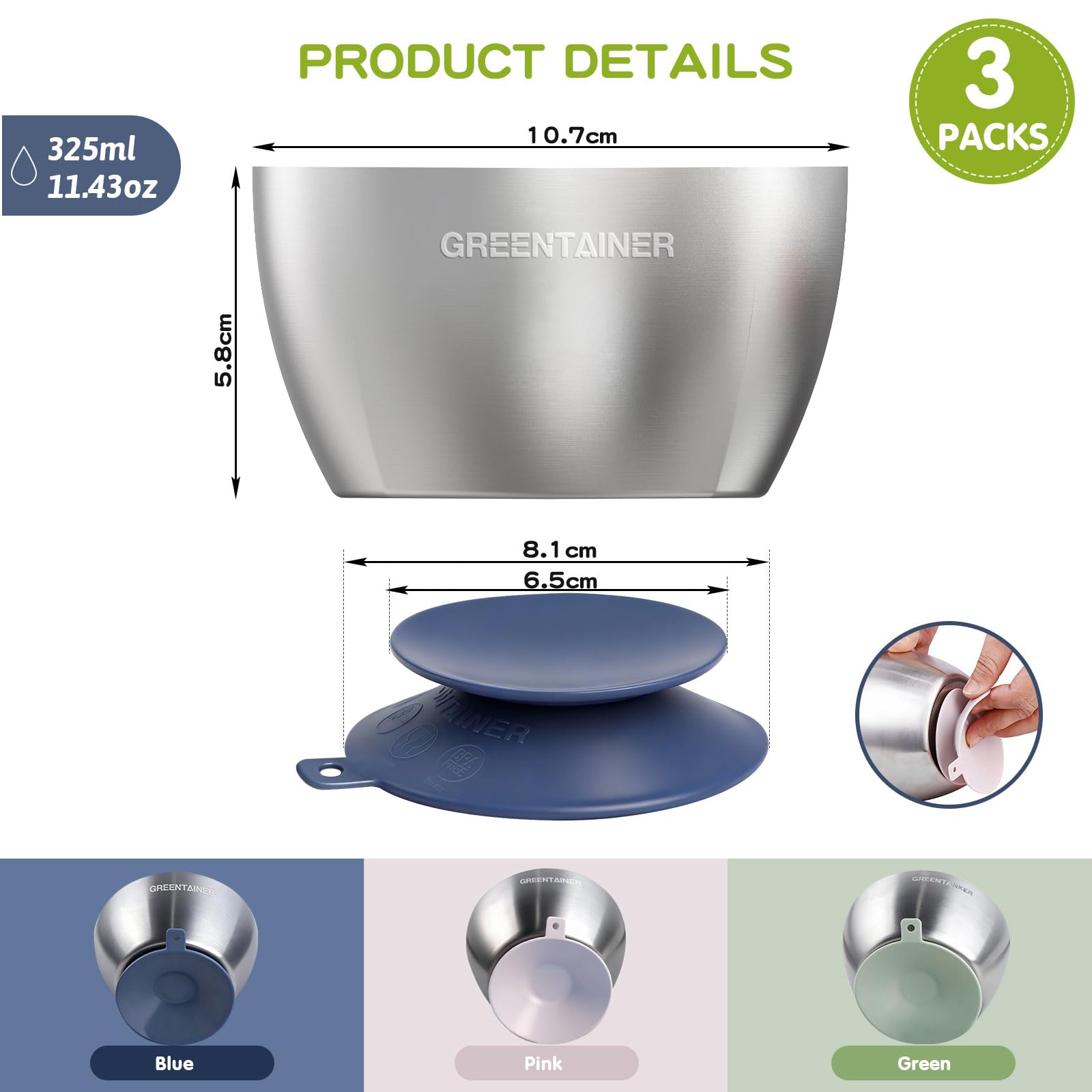 Greentainer 3er Set Edelstahl Baby Schüsseln mit Saugnapf – Breischale für Babybrei & Porridge, Rutschfeste Babyschüsseln,Unzerbrechlich & BPA-frei, Kinderschüssel ab 6 Monaten,Farben mischen