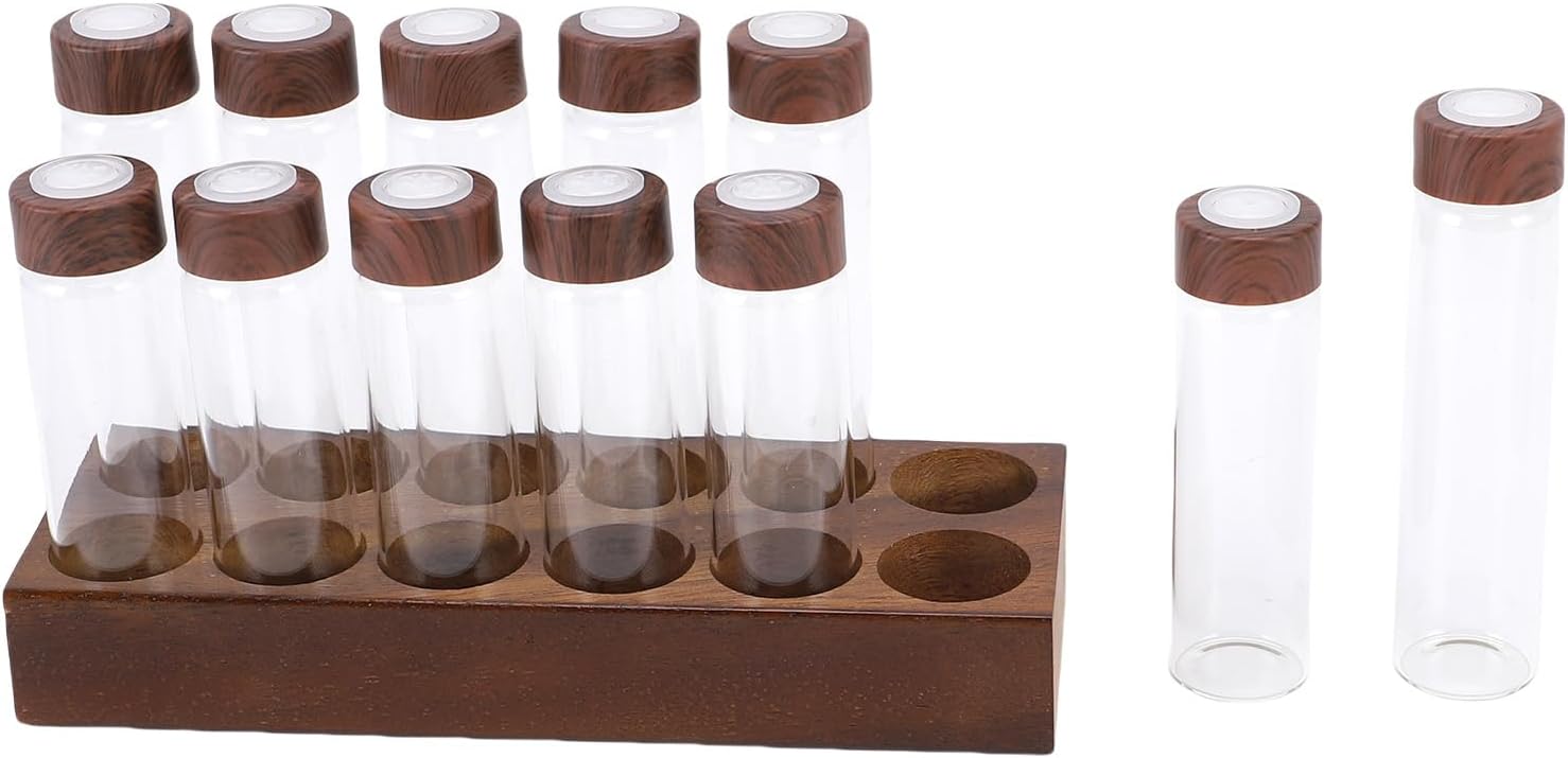 Alomejor Glass Tube Display Stand for Coffee Beans, 12 Pack Sealed Glass Vials with Wooden Base, Perfect Compact Storage Solution (12 Holes)