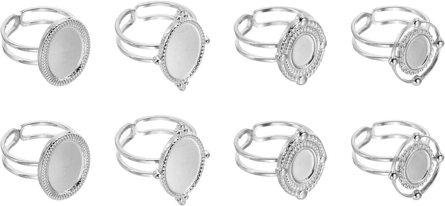 MECCANIXITY 8Pcs Stainless Steel Ring Base Blank, 8x6/14x10mm Adjustable Pad Cabochon Ring Blank Base Flat Bezel Tray for Jewelry Making Finding DIY, Silver