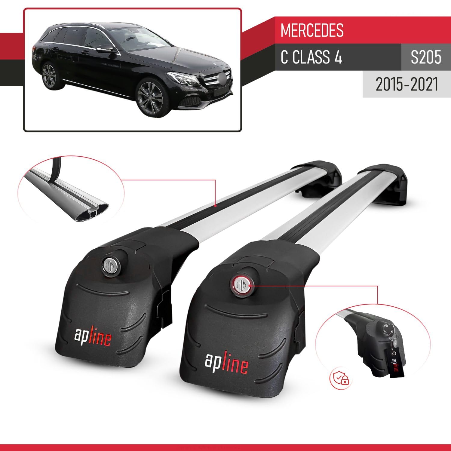 Compatibile con Mercedes C-Class 4 (S205) 2015-2021 Modello ACE-2 Barre Tetto Portapacchi Auto Barre Portatutto Grigio Alluminio 2 Barre