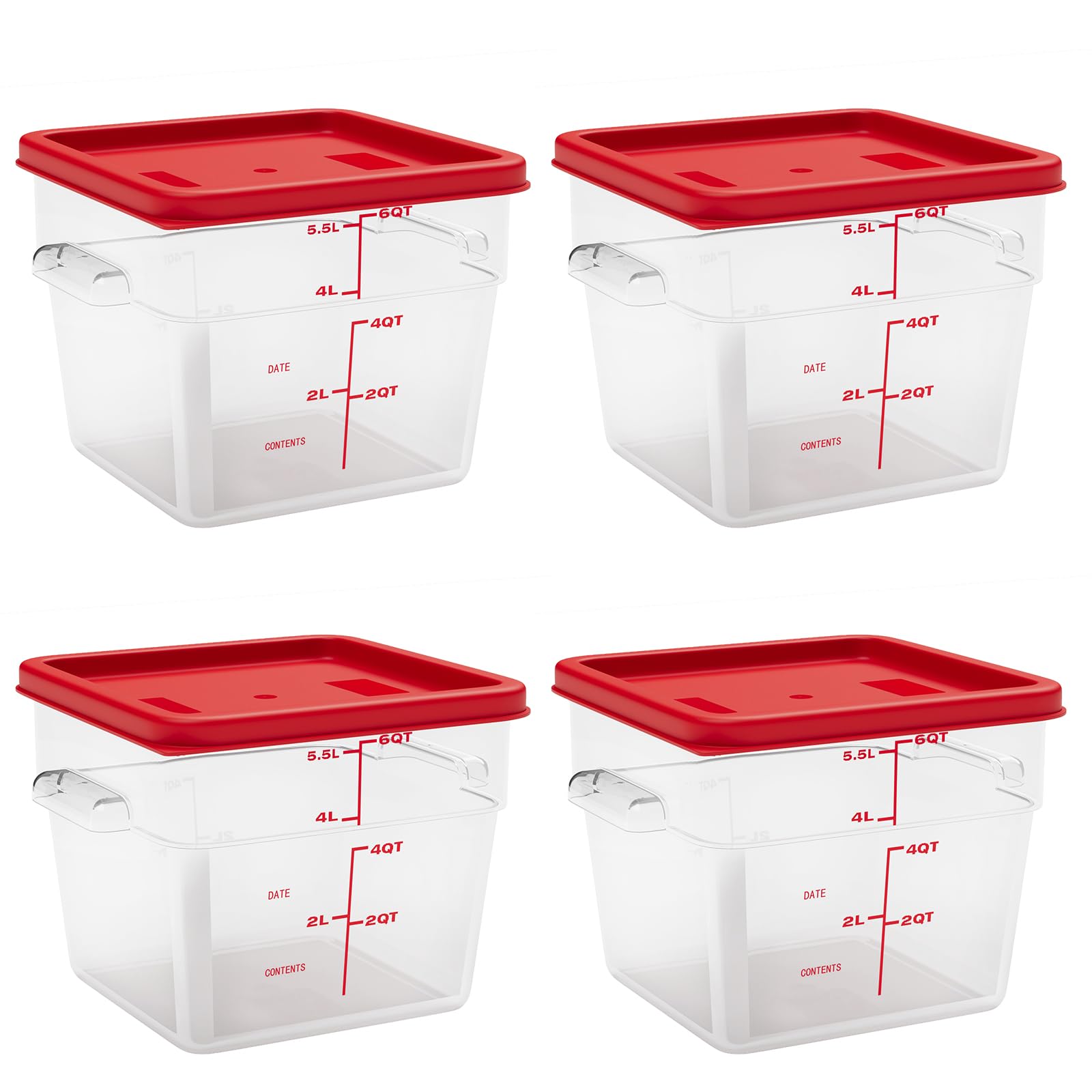 Paquete de 4 recipientes de almacenamiento de alimentos, recipientes de alimentos con tapas y asas, recipientes cuadrados comerciales para cocina, restaurante, refrigeración, etc. (6 cuartos de