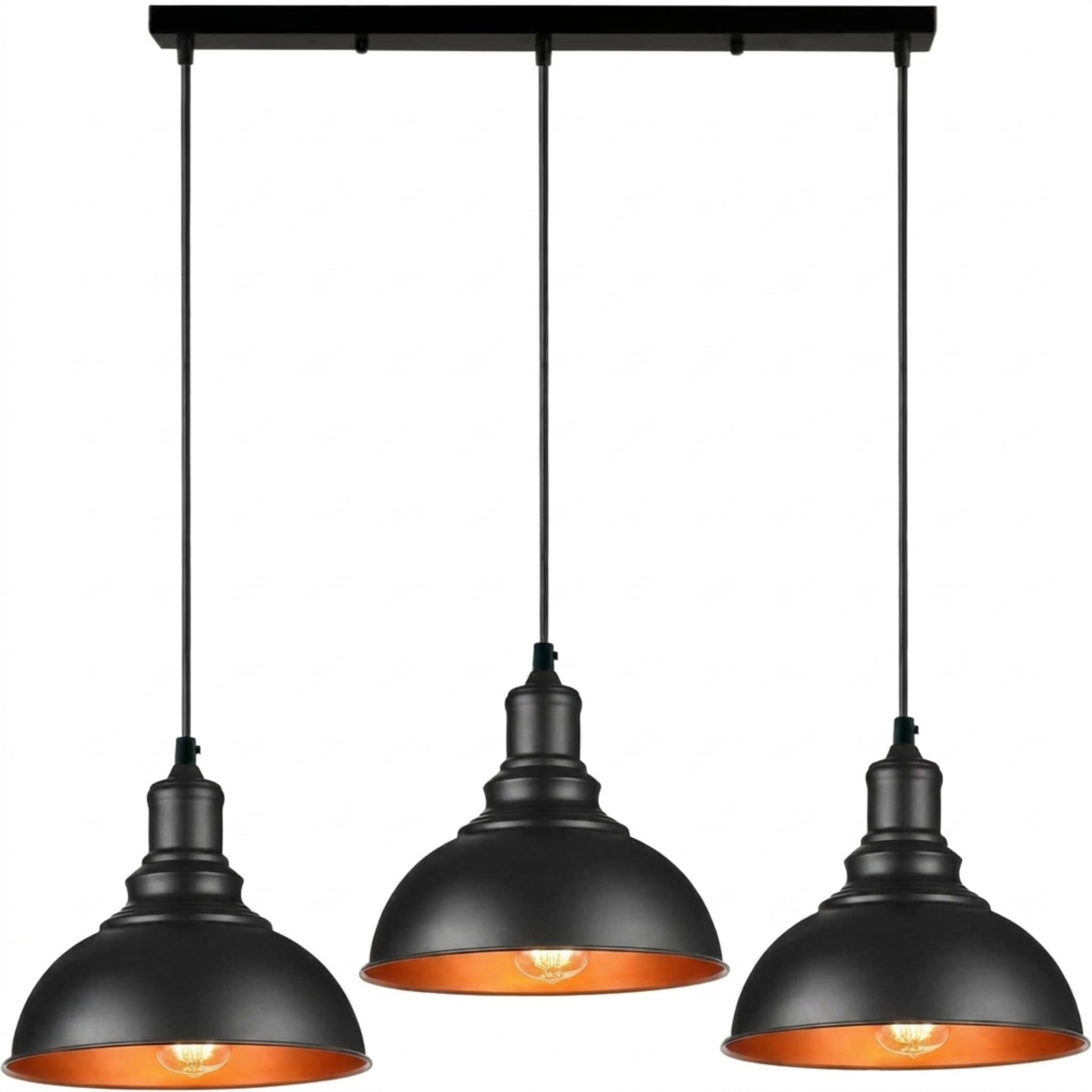 LEDSone Industrielle Pendelleuchte mit drei Köpfen, verstellbares Kabel, 95 cm, Metall-Lampenschirm, Retro-Industrie-Decke, E27-Fassung für Küche und Restaurant (Schwarzes inneres Gold)