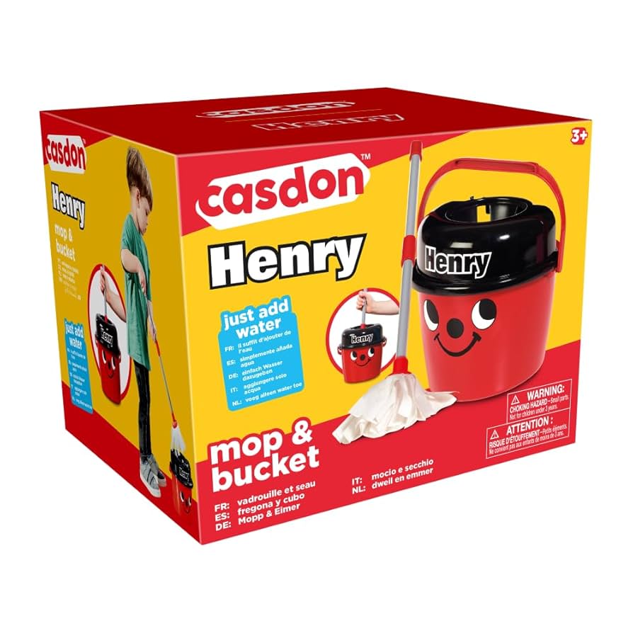 Henry Mini Mop & Bucket Toy Cleaning Set For Children Henry's Cheeky Face, Red | UK