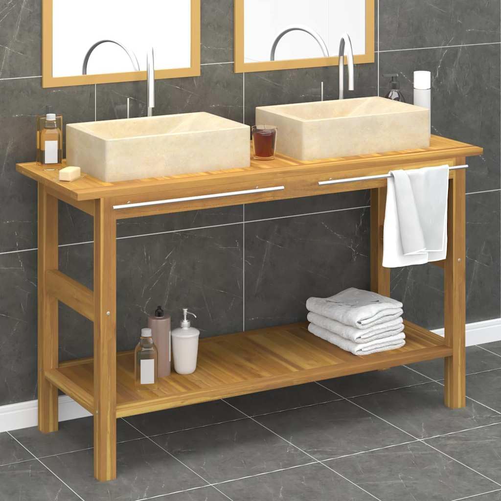 Waschtisch mit Creme Marmorbecken Massivholz Teak Badezimmer Stauraum Robust