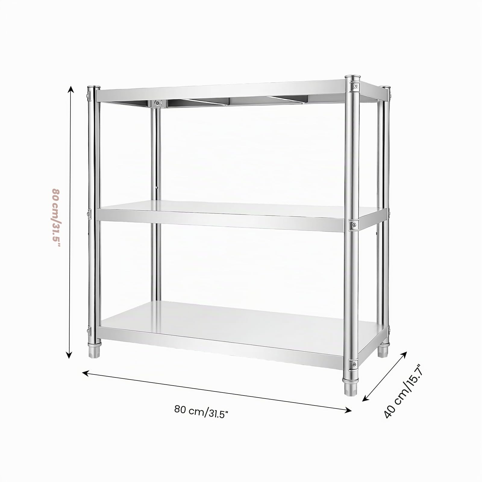 Estantería de acero inoxidable de 3 niveles, mesa de acero inoxidable, 80 x 80 x 40 cm, para cargas pesadas de hasta 60 kg, estantería de cocina de metal